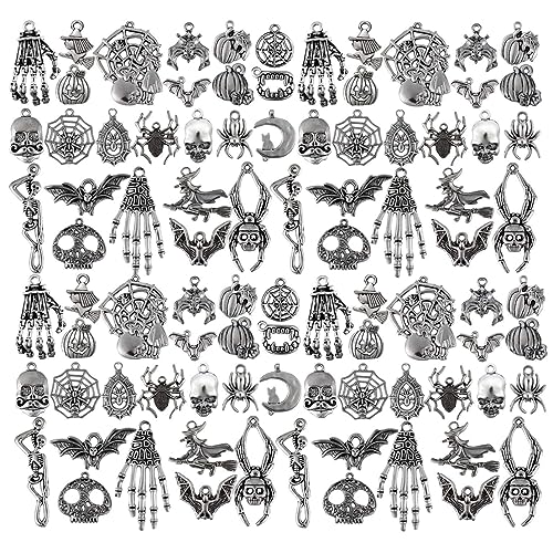 SANNIDHI 80pcs Charms for Jewellery Making, Antique Alloy Silver Pendants, Assorted Skull Pumpkin Bat Witch Jewelry Charms Kit for Necklace Bracelet DIY Halloween Accessory SANNIDHI 80pcs Charms for Jewellery Making, Antique Alloy Silver Pendants, Assorted Skull Pumpkin Bat Witch Jewelry Charms Kit for Necklace Bracelet DIY Halloween Accessory